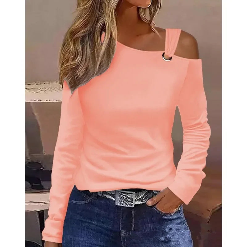 Autumn Long Sleeve V Neck Loose T-shirt Y2K INS Clothes Off Shoulder Shirt Top for Women 2023